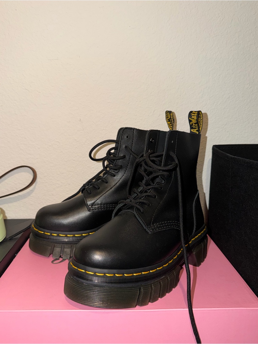 Dr. Martens Black Leather Platform Combat Boots with Yellow Stitching